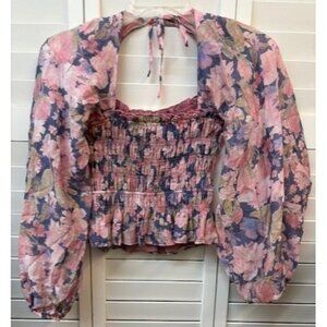 ASTR The Label Floral Smocked Halter Top With Balloon Sleeves